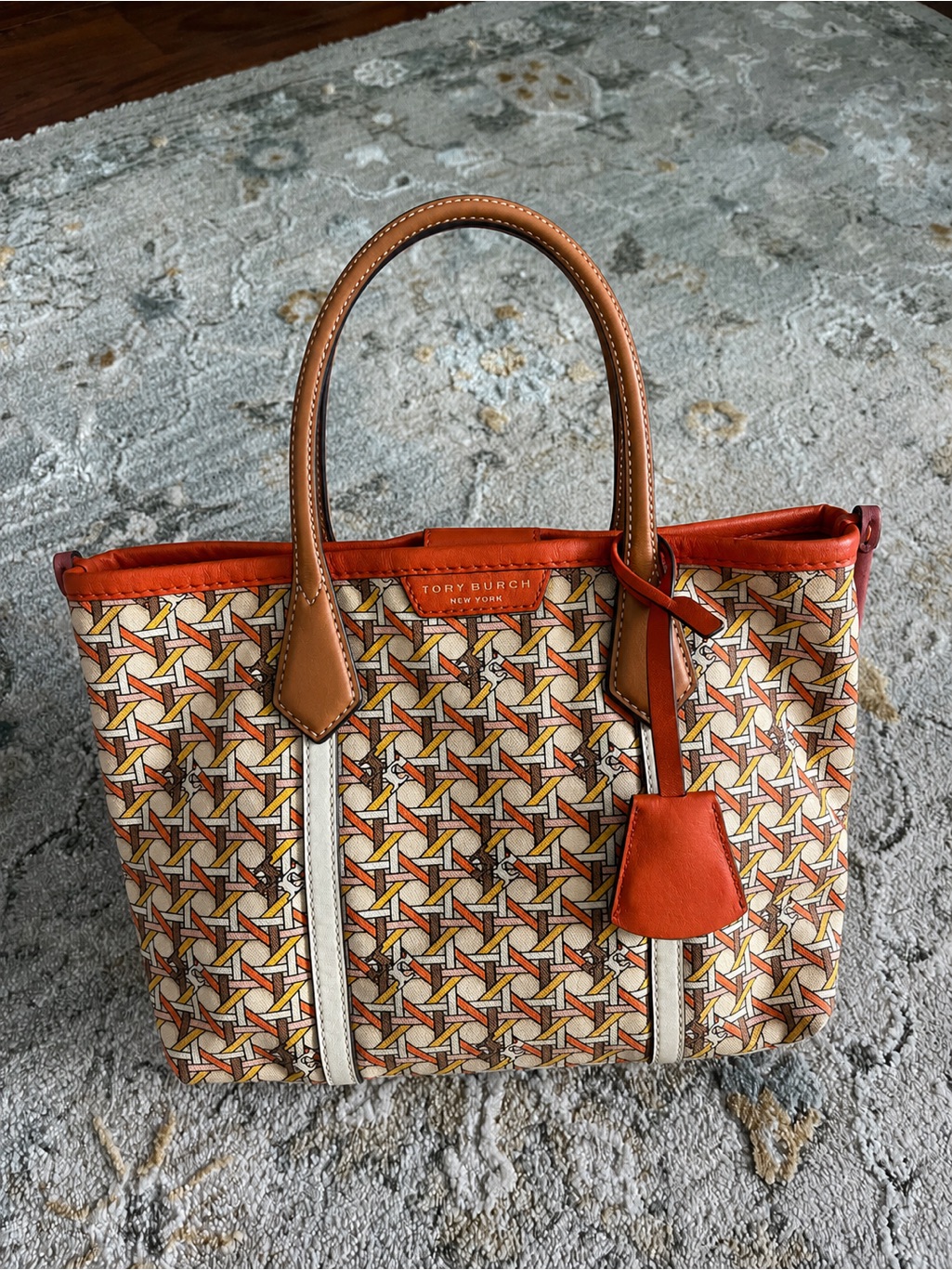 Tory Burch Orange And Tan Patterned Canvas Tote